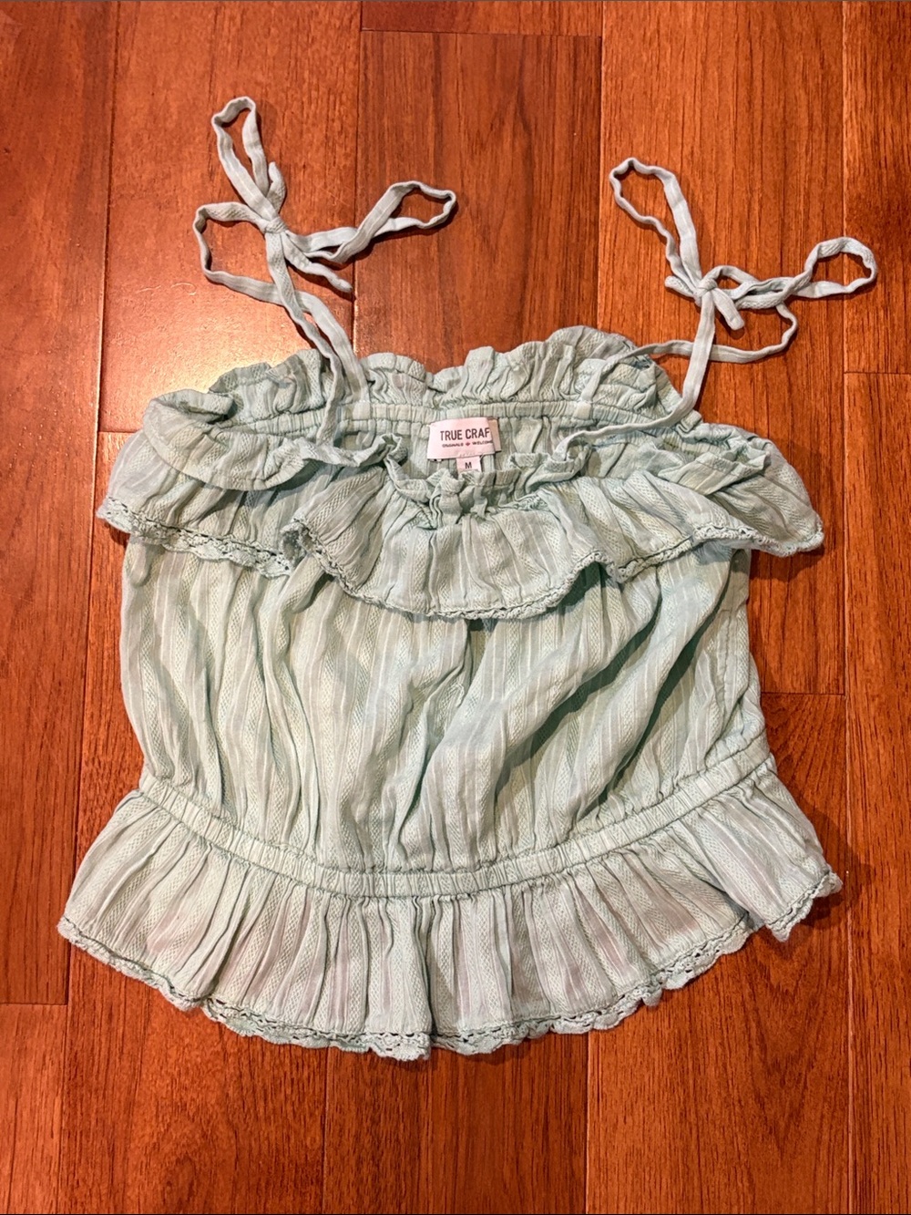 True Craft Mint Green Ruffle Tie-Strap Crop Top
